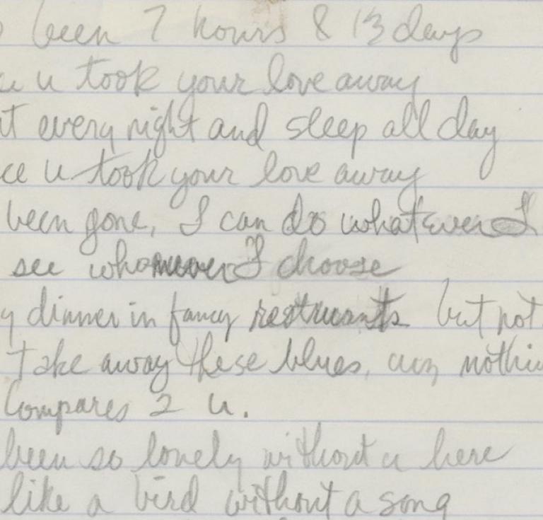 Prince's handwritten lyrics for the song, "Nothing Compares 2 U"