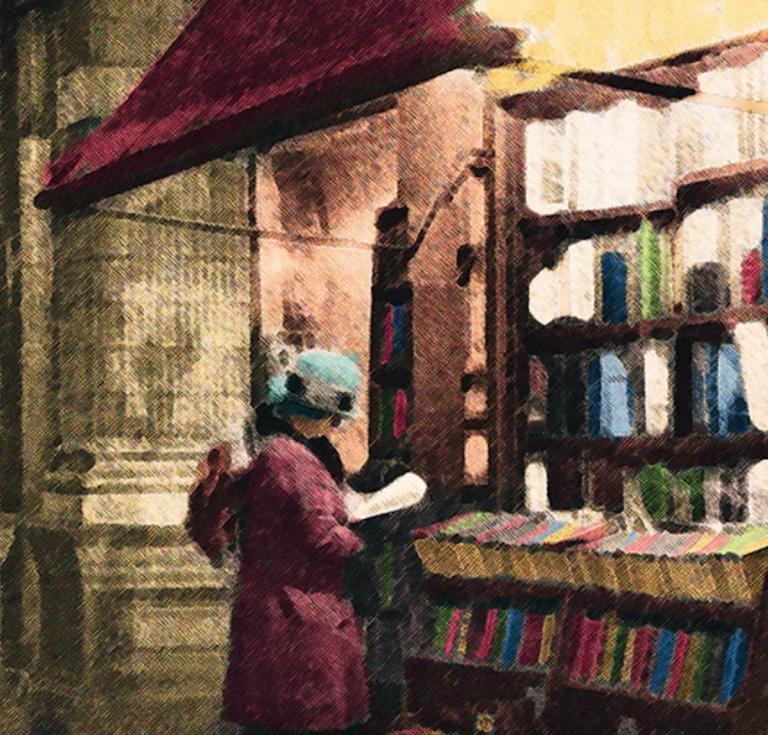 Colorized version of the ca. 1935 print, Wet Winter Evening and a Book Lover in Bloomsbury