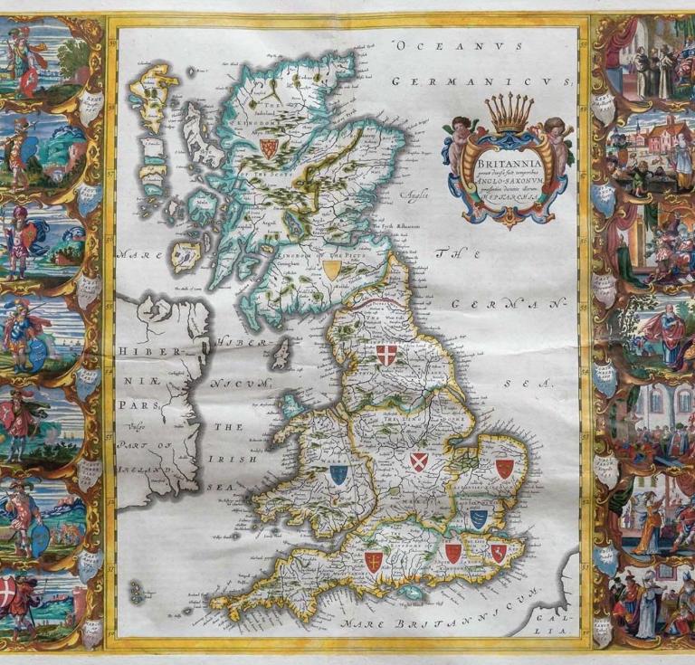 Johannes Blaeu’s Britannia prout from the 17th century, with miniatures to panels on each side of the map