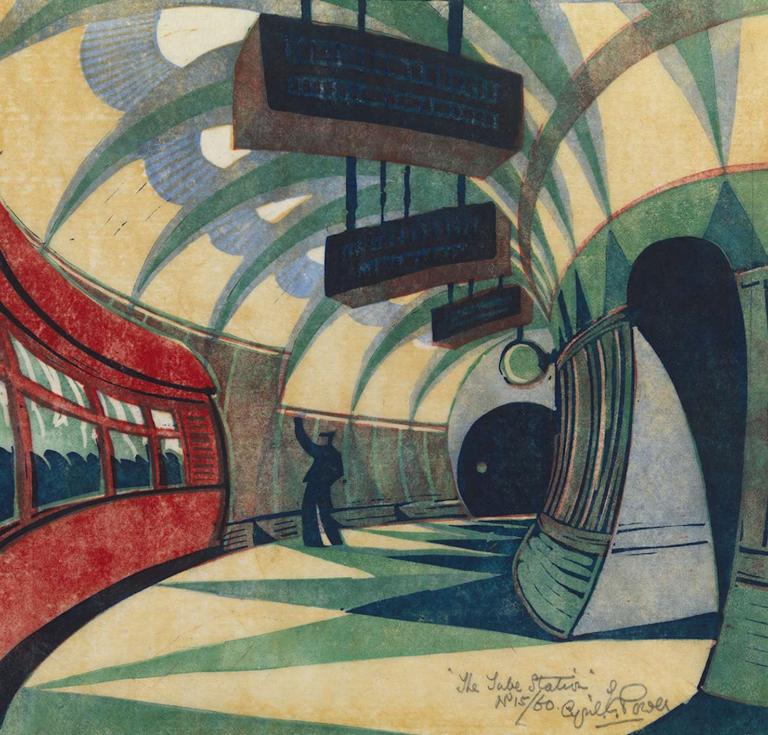 The Tube Station linocut by Cyril Edward Power