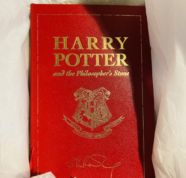 A leather-bound special 15th anniversary edition of Harry Potter and the Philosopher’s Stone, published exclusively for the competition and signed by author J K Rowling.