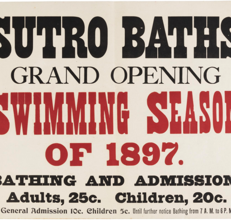 Sutro Baths advertising poster in red and black for the grand opening of the 1897 swimming season
