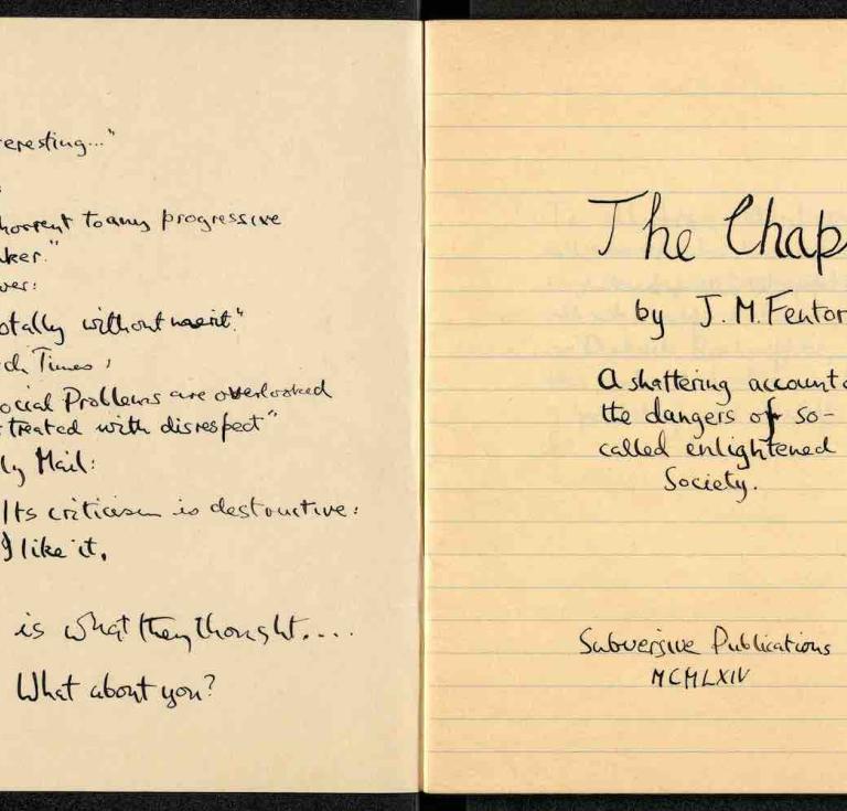 Notebook containing James Fenton’s story, The Chaplain, 1964