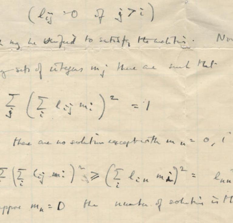 Autograph mathematical calculations setting out and solving a problem in n-dimensional geometry, 2 pages, Bletchley Park, 1941 or 1942.