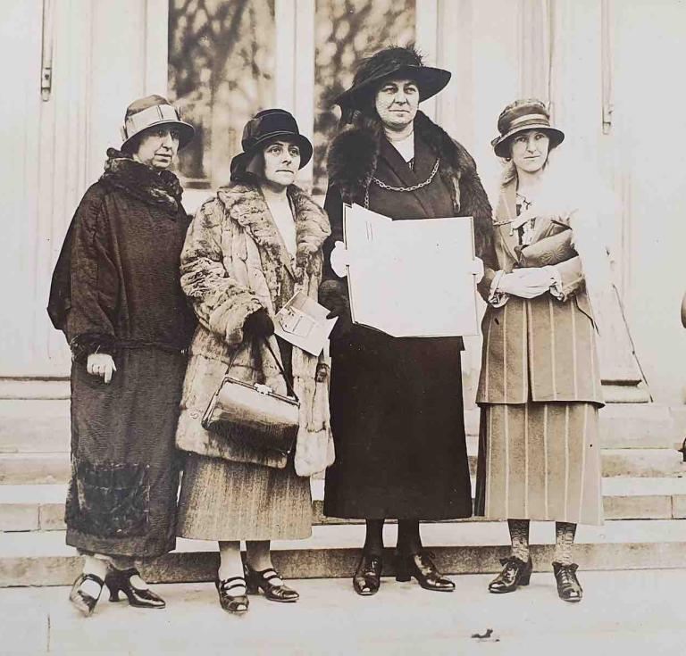 Presentation of the Welsh Women's Peace Petition Memorial at the White House in Washington, February 21, 1924, by Welsh League of Nations Union (WLNU) and American women's peace representatives.