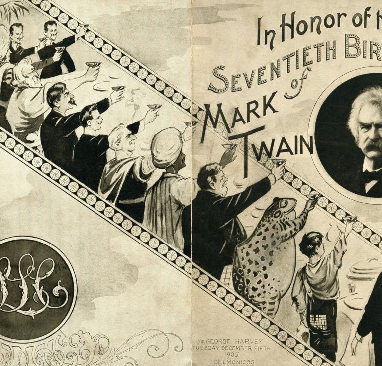 Menu for Mark Twain’s seventieth birthday with illustrated characters from his book and a photograph of the author