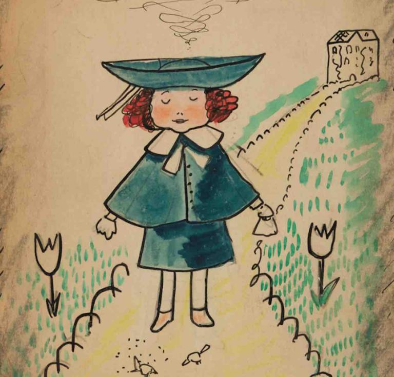watercolor and ink drawing of Madeline walking down a garden path on the front cover