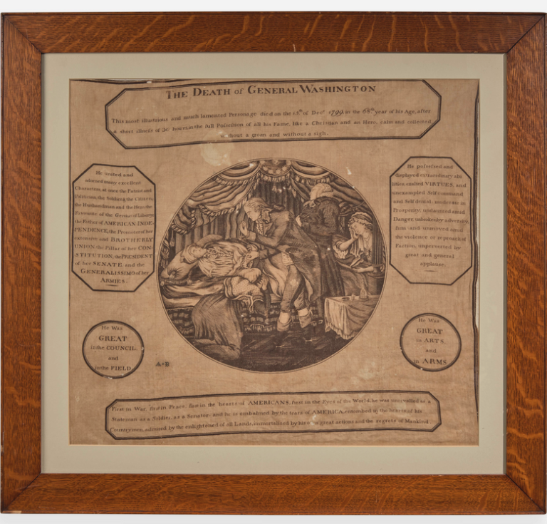 Framed printed handkerchief depicting the death of George Washington