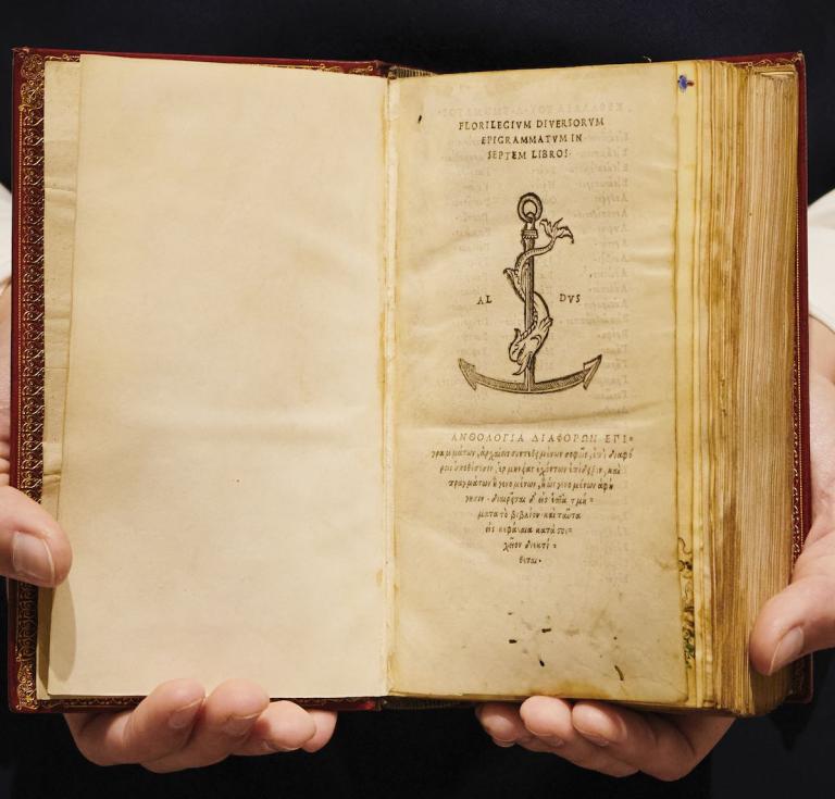 Anthologia Graeca, the first Aldine edition of the Greek Anthology, first printed by Lorenzo di Alopa in Florence in 1494, and now expanded by Aldo with additional material. Venice, Aldo Manuzio, October 1503. Printed on vellum, one of five copies.