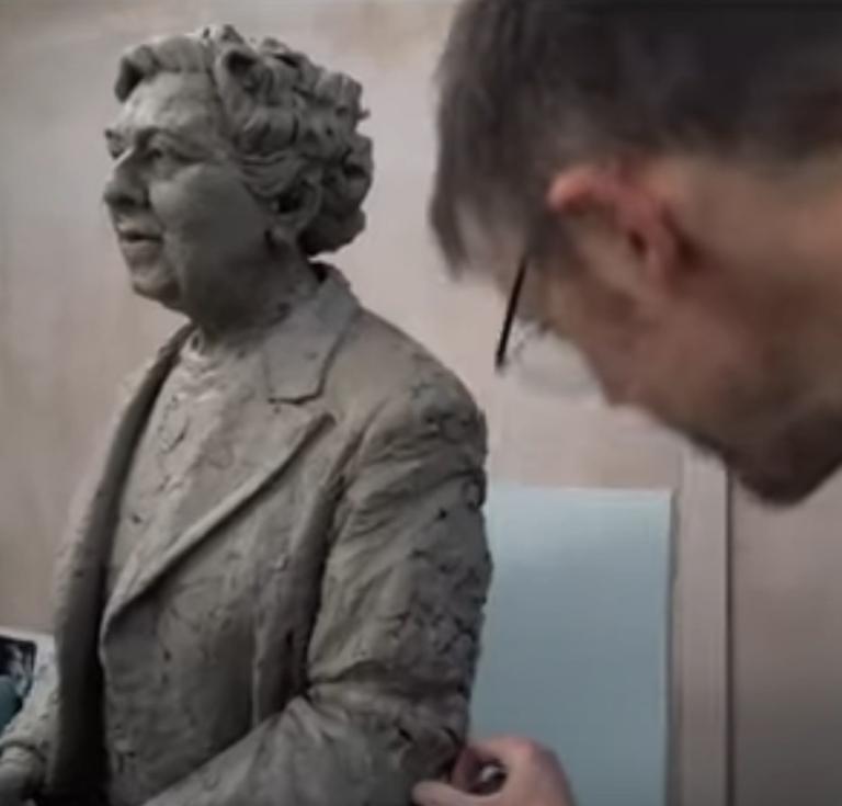 Sculptor Ben Twiston-Davies at work on the Agatha Christie statue