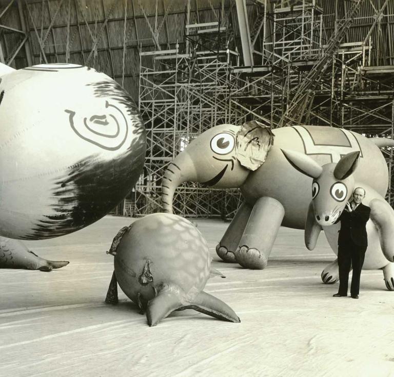 Tony Sarg in 1929 with some of the Macy’s Thanksgiving Day Parade balloons