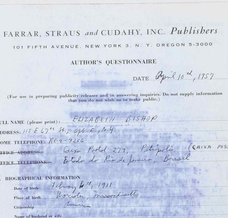On display from Peter Harrington will be a unique questionnaire, sent to Elizabeth Bishop by her publishers and filled out by her in advance of the publication of The Diary of “Helena Morley”, her first prose work, a translation of Alice Brant’s Minha vida de menina.