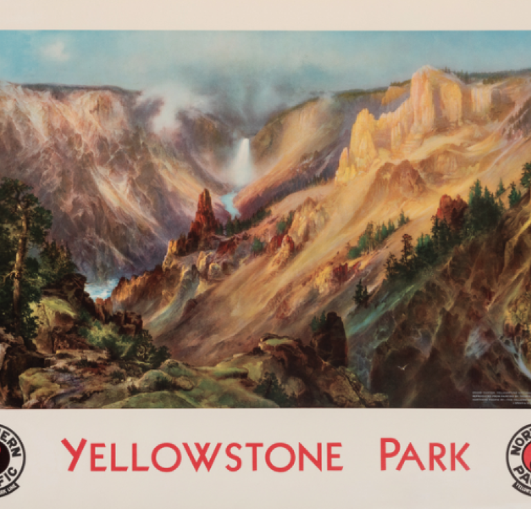 Northern Pacific railroad travel poster featuring Yellowstone illustration by Thomas Moran