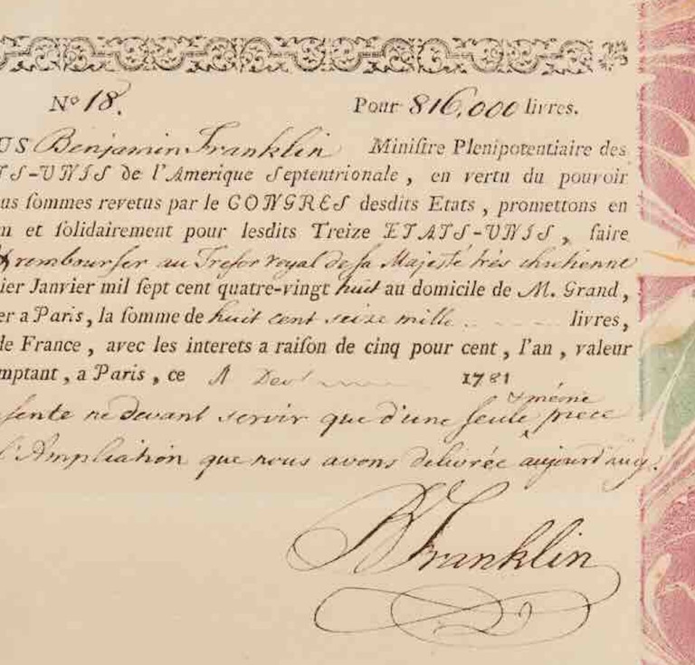 Benjamin Franklin, partially-printed promissory note, estimate $200,000-$300,000 