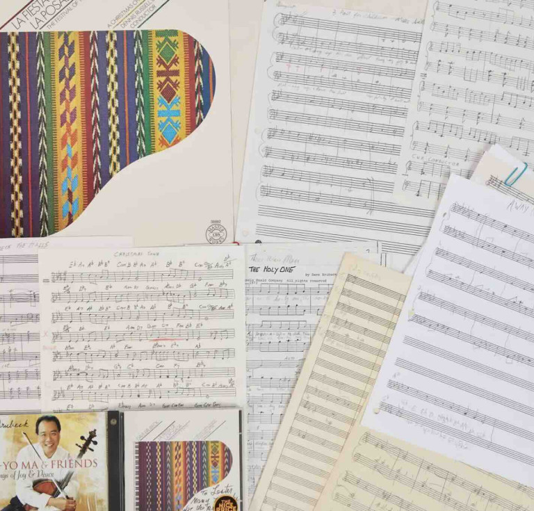 Dave Brubeck  handwritten La Fiesta de la Posada and Christmas Music manuscripts with inscribed record and CD albums