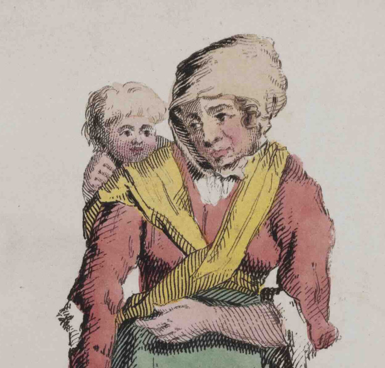 'Beggar' from Costume of the lower orders of the metropolis, c.1822, hand-coloured engravings by Thomas Lord Busby. 