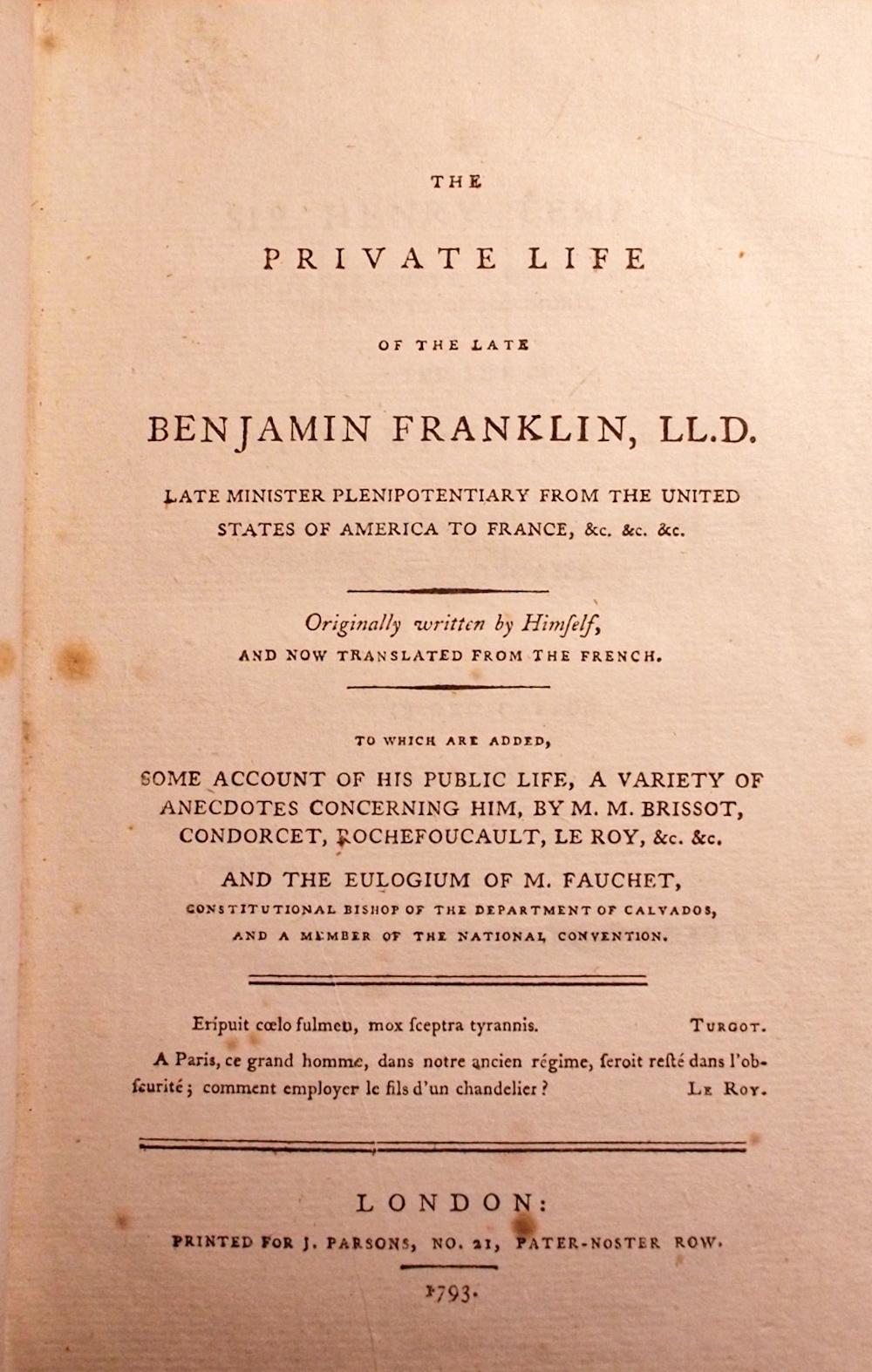 The private life of the late Benjamin Franklin