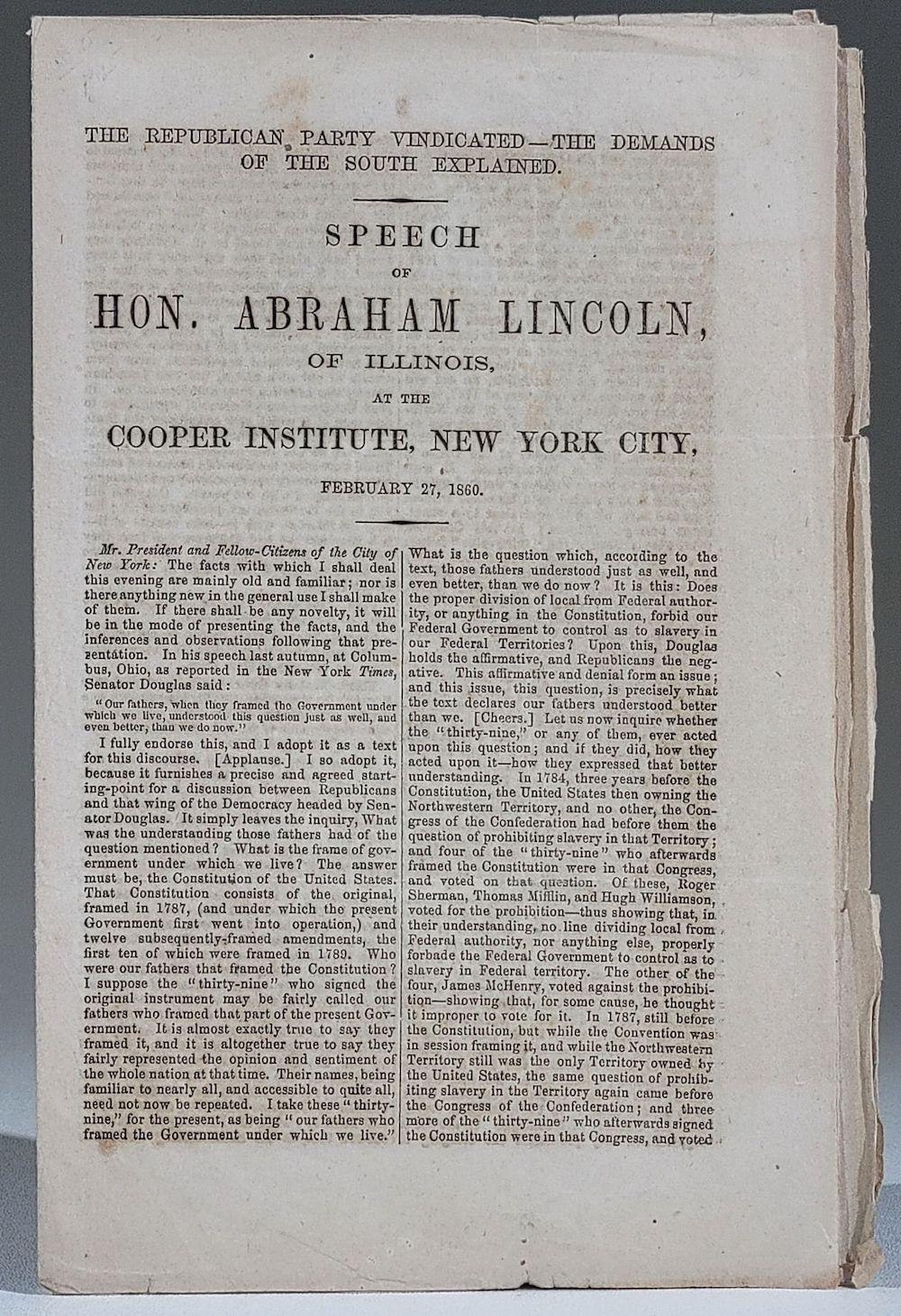 Early Printing of the Lincoln 1860 Speech