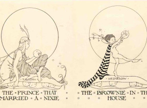 Alice Bolam Preston (1889-1958), The Prince That Married a Nixie and The Brownie in the House. Seven Peas in the Pod by Margery Bailey, 1919. Pen and ink on board.